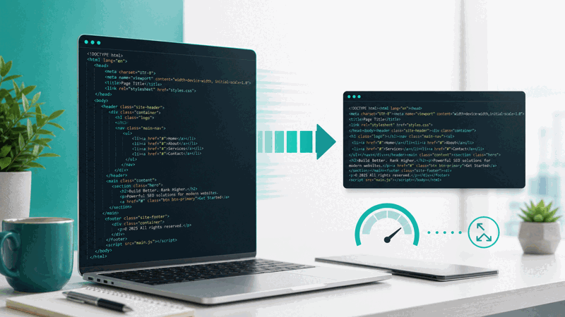 Web developer minifying HTML to speed up a site