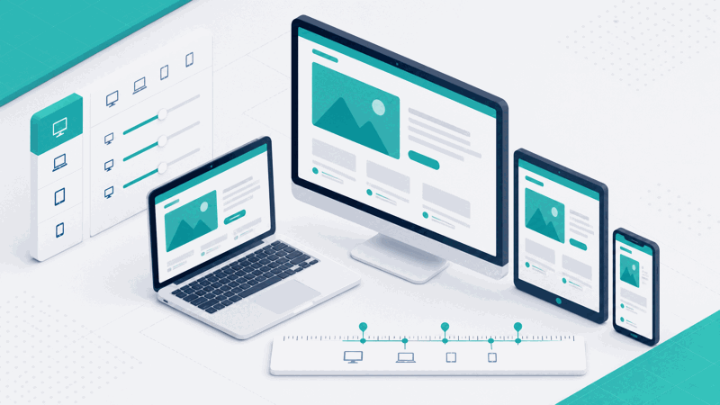 A web page viewed at desktop, tablet and phone resolutions